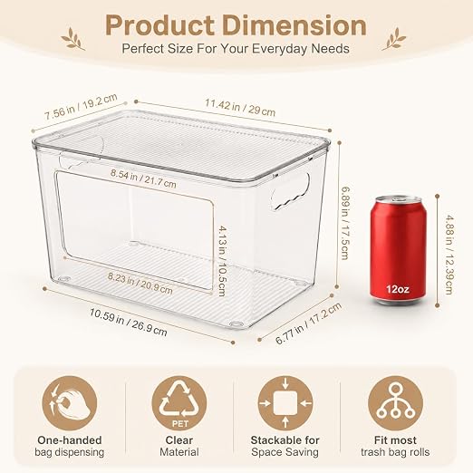 4PCS Home Organization Storage Set, 2 Front Access Clear Storage Bins & 2 Airtight Containers, Stackable for Snacks, Trash Bags, Coffee Pods, Seasonings, Cleaning Supplies, Pantry Under Sink