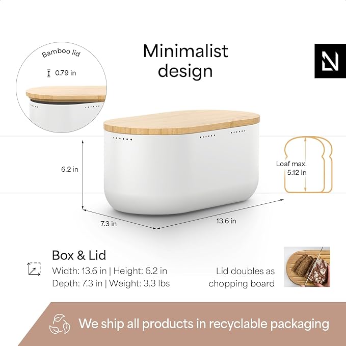 LARS NYSØM Bread Box I Metal bread box for long lasting freshness with non-slip pads I Baked goods Bin with bamboo lid usable as cutting board I 13.6x7.3x6.2in (Pure White)