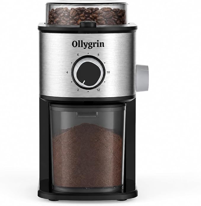 Flat Burr Coffee Grinder Electric, Coffee Grinder with 14 Grinding Levels, Burr Mill Grinder with Large Bean Hopper, Compact Design for Home&Office, Brushed Silver