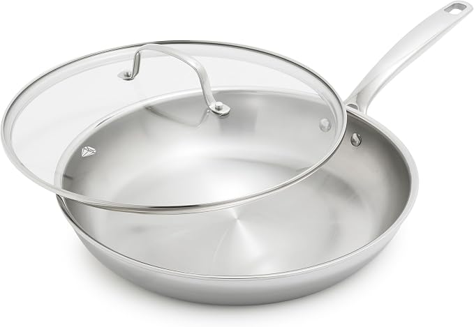 Blue Diamond Pro Steel 12" Tri-Ply Stainless Steel Frying Pan with Lid | Multi Clad Skillet, Induction & All Stovetop Suitable, Mirror Polished Finish, Dishwasher Safe, Oven Safe to 850F, Silver