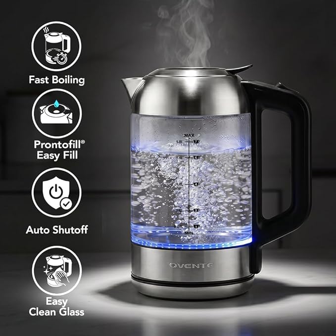 OVENTE 1.8L Glass Electric Kettle Water Boiler, Silver KG751S | 1500W Fast Boiling, Easy Fill Lid, Borosilicate Glass, BPA-Free, Blue LED, Auto Shut-Off, Boil-Dry Protection, Cordless
