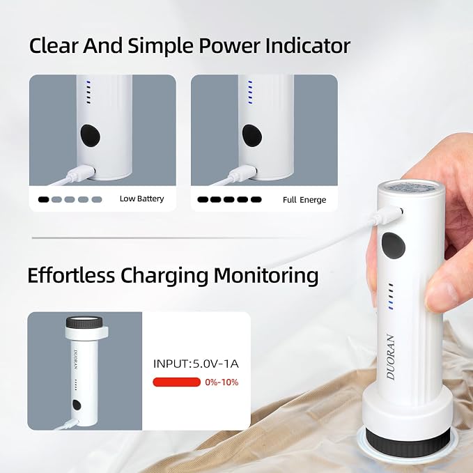 Cordless Electric Vacuum Pump for Vacuum Storage Bags Travel Air Pump, Portable USB Rechargeable Seal & Compression Bag Pump for Clothes, Blankets & Bedding (Black)