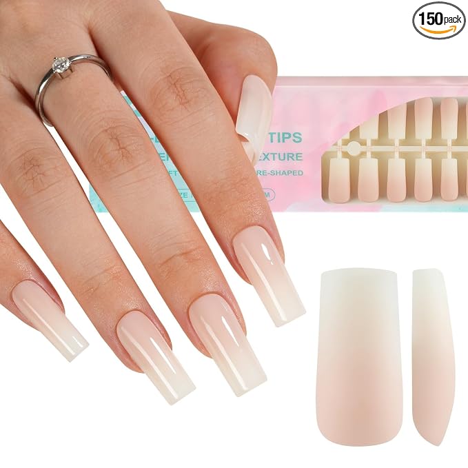 Misssix White Ombre Press on Nails, 150Pcs Long Square Gel Fake Nails | Gradient No Need to File Tips Pre-lasting, Fake Nails for Nail Art DIY 15 Sizes