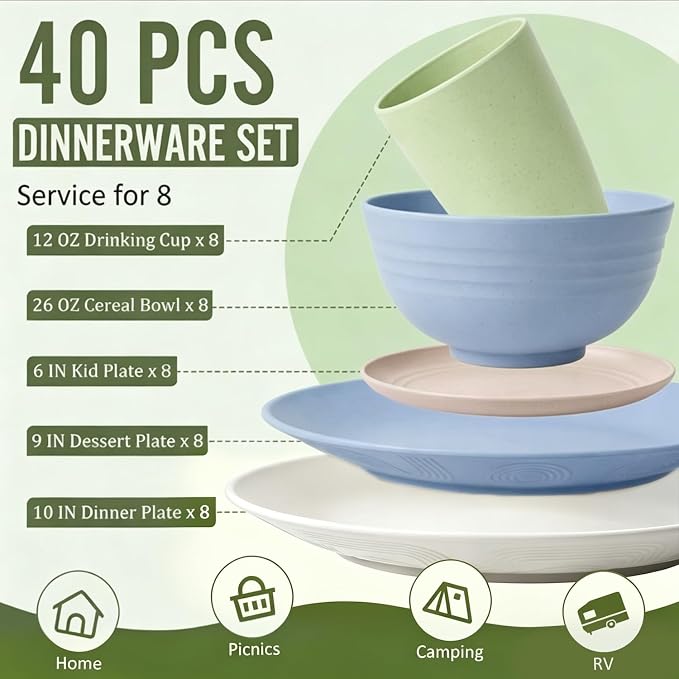 40 PCS Wheat Straw Dinnerware Sets Unbreakable Dishes Set for 8 Plastic Plates and Bowls Sets with Cups Dishwasher & Microwave Safe - Colorful