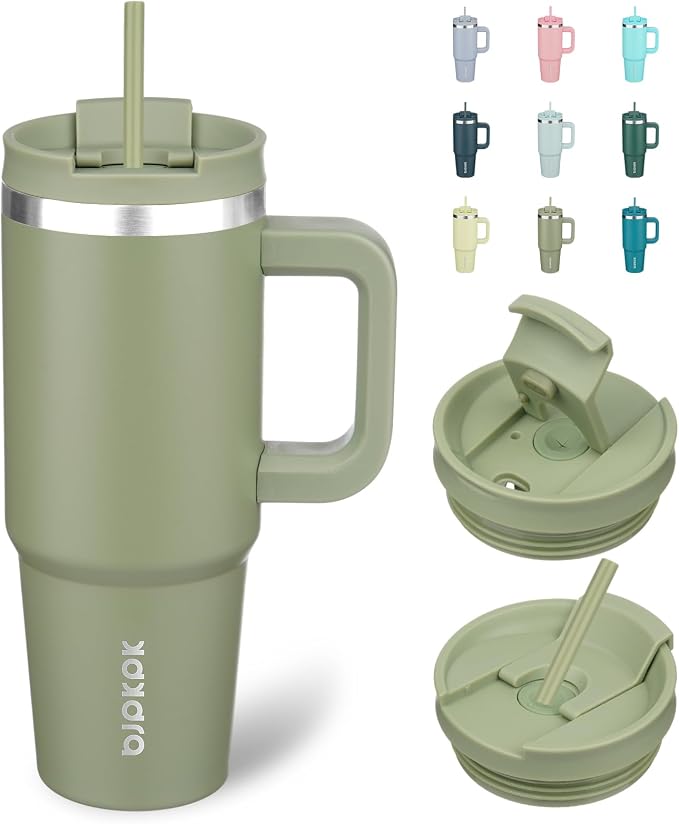 BJPKPK 30 oz Insulated Tumbler with Handle & Straw, Stainless Steel | Double Wall Vacuum Insulation, Leak Proof, BPA Free, Dishwasher Safe, Cupholder Friendly, Travel & Outdoor, Sage