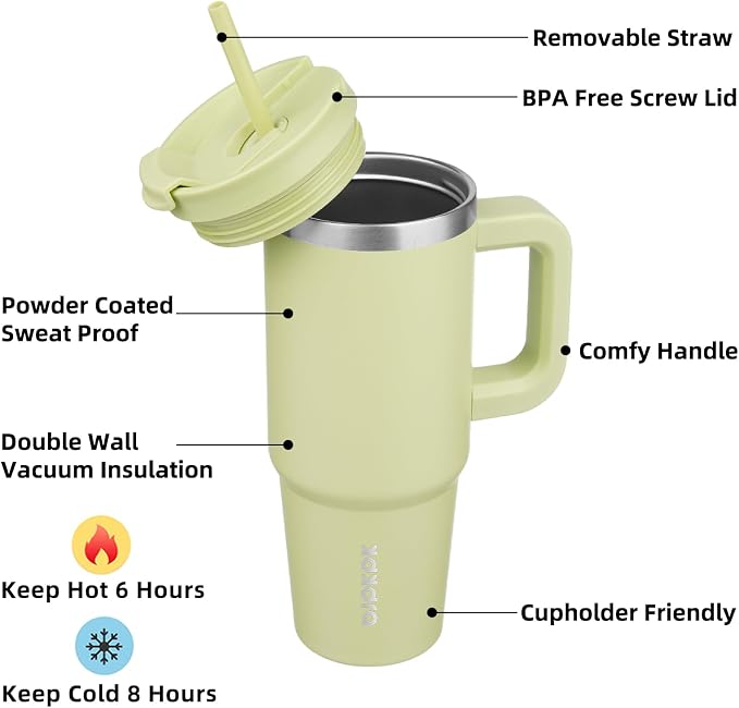 BJPKPK 30 oz Insulated Tumbler with Handle & Straw, Stainless Steel | Double Wall Vacuum Insulation, Leak Proof, BPA Free, Dishwasher Safe, Cupholder Friendly, Travel & Outdoor, Macaron Green