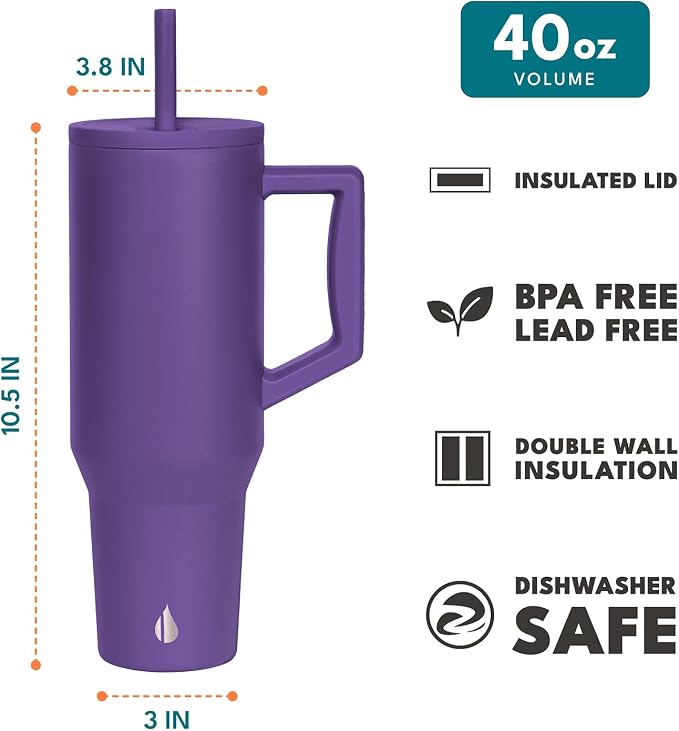 Elemental Spill Proof 40oz Insulated Tumbler with Handle & Straw Travel Mug | Stainless Steel Commuter Travel Coffee Mug for Cold Beverages, Includes 2 Straws & a Spill Proof Lid for Everyday Use