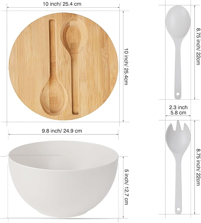 10” Bamboo Fiber Large Salad Serving Bowl Set with Wooden Lid & Servers, 3.5Qt Big Bowl with Utensils for Mixing Salad,Fruit,Pasta,Lightweight & Dishwasher Safe, Ideal Gift for Home - Matte White