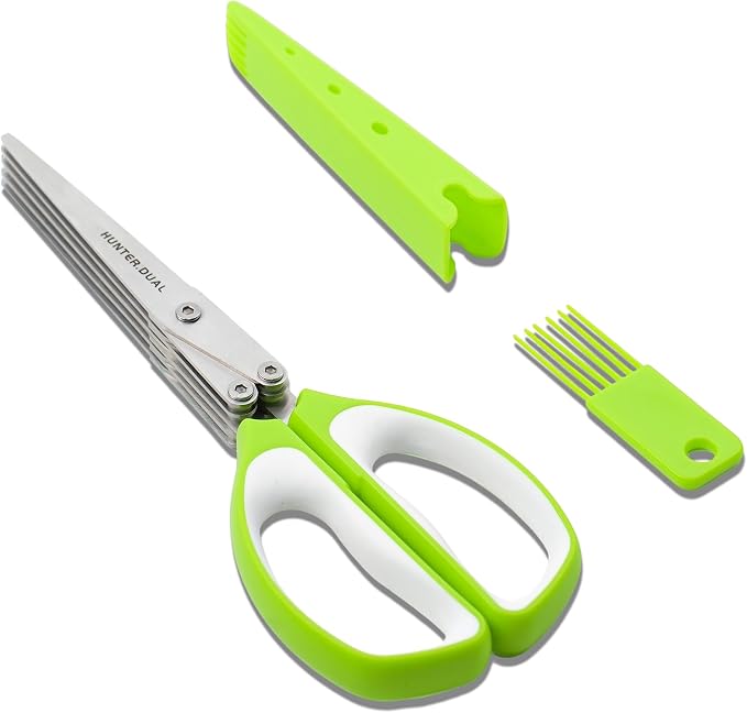 5 Blades Herb Scissors - Professional Kitchen Shears with Safety Cover for Cutting Green Onions, Fresh Herbs, Vegetables & Salad Food Prep, Must-Have Cooking Gadgets (Green, White, 8.7 inch)