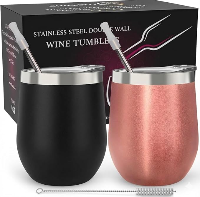 CHILLOUT LIFE 12 oz Stainless Steel Wine Tumblers 2 Pack - Double Wall Vacuum Insulated Wine Glasses Cups with Lids and Straws Set Keeping Cold & Hot for Coffee, Beer, Ice Cream (Rose Gold + Black)