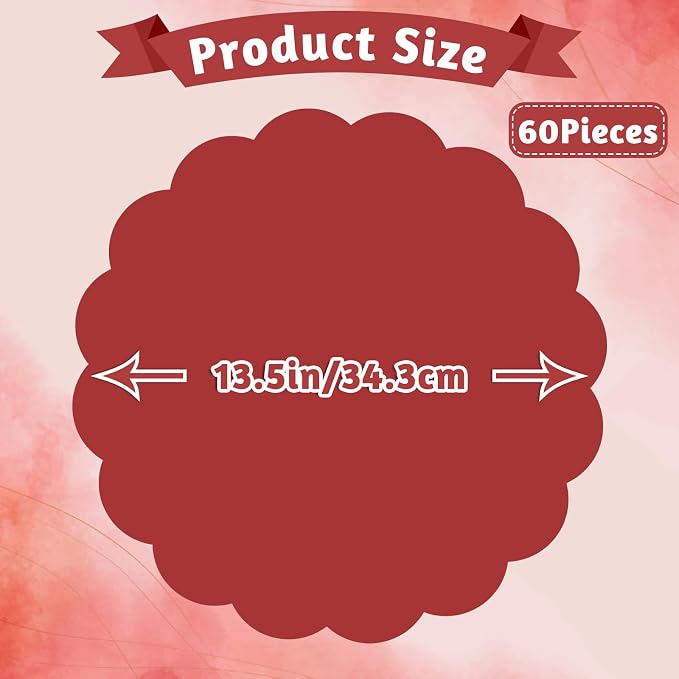 60 Pcs Red Paper Placemats, 13.5 Inch Disposable Scalloped Place Mat | Round Table Place Mats Decorative Paper for Christmas New Year Anniversay Birthday Wedding Banquet Holiday Party