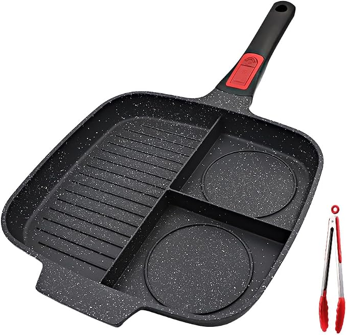 3 in 1 Grill Pan for Stove Tops with Detachable Handle, Nonstick Versatile Griddle Divided Pan, Square Skillet PFOA Free, Black