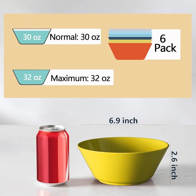 Unbreakable Large Cereal Bowls Set of 6, 32 Ounce BPA-Free Microwave & Dishwasher Safe Salad Bowls, Stackable Multicolor Kitchen Bowls for Serving, Soup, Oatmeal, Pasta, Camping & Daily Use