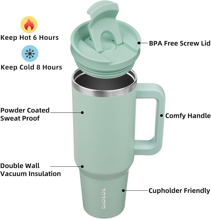 BJPKPK 40 oz Insulated Tumbler with Handle & Straw, Stainless Steel | Double Wall Vacuum Insulation, Leak Proof, BPA Free, Dishwasher Safe, Cupholder Friendly, Travel & Outdoor, Pistachio Green