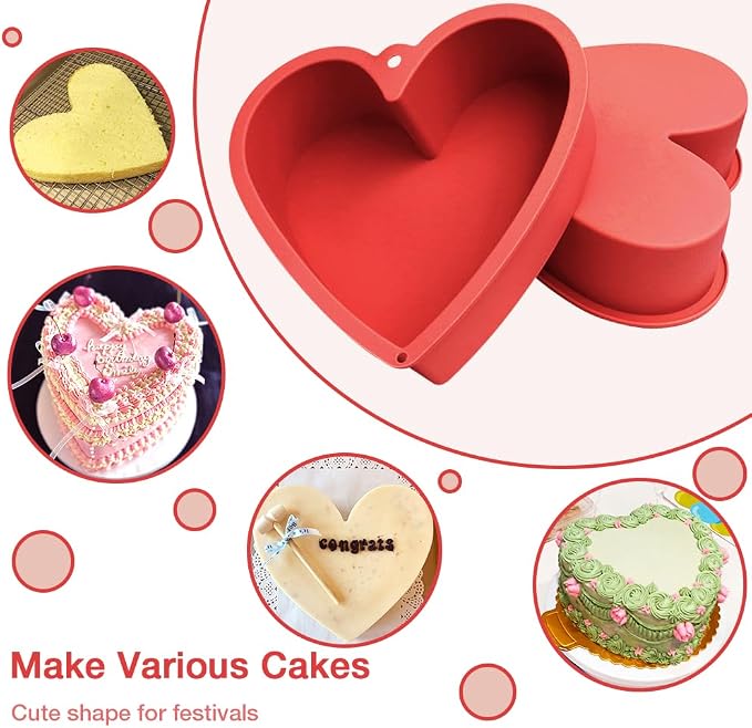 Alimat PluS 8 Inch Heart Shaped Cake Pans Set of 2 with Hanging Hole(Red) | Silicone Material