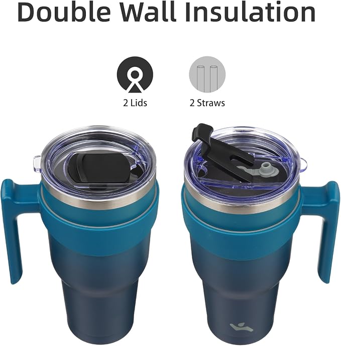 Konokyo 30 oz Tumbler with Handle and Straw, Insulated Travel Mug | Indigo Black; BPA-free, leak-proof tumbler with 2 lids, 2 straws, cup holder fit for coffee, office, travel & daily use
