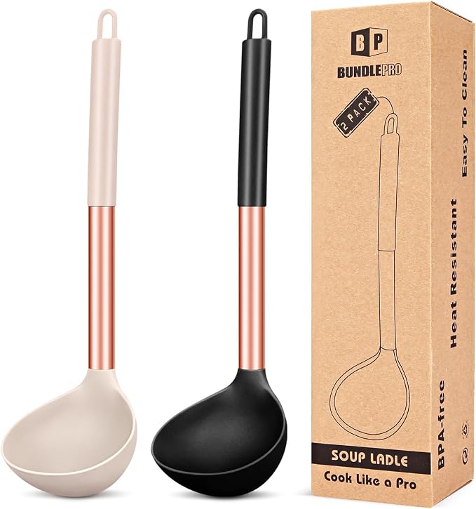 BUNDLEPRO Silicone Ladle Spoons, 2 Pack, Rose Gold Black-Khaki | Non Stick, High Heat Resistant, BPA Free, Kitchen Utensils Ideal for Cooking, Stirring,Serving Soups