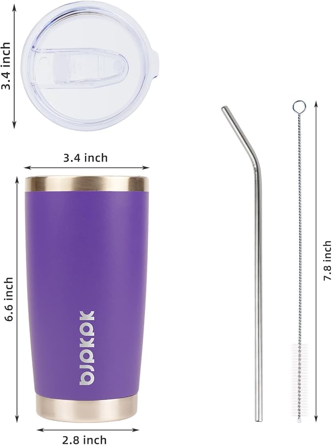 BJPKPK 20 oz Coffee Tumbler with Lid, Straw, Insulated Stainless Steel Mug | Double Wall Vacuum, Keeps Hot/Cold, BPA Free, Leak Proof, Iced Coffee Cup Fit Car Holder, Travel & Beach Ready, Purple