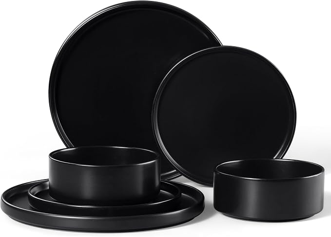 E-far 6-Piece Stoneware Dinnerware Sets, Black Plates and Bowls Set for 2 | Kitchen Modern Dishes Set for Everyday & Formal, Chip and Scratch Resistant, Microwave & Dishwasher Safe, Matte Black