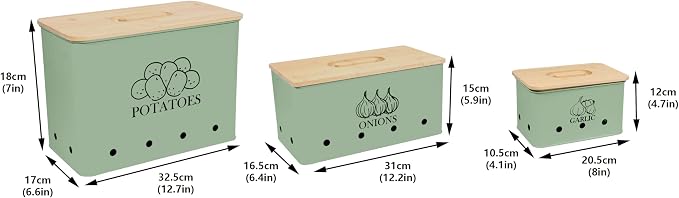 Kitchen Vegetable Storage Tins Set of 3 for Potato Onion & Garlic with Wooden Lid and Aerating Holes, Kitchen Storage Canisters Set, Vintage Kitchen Decor - Green