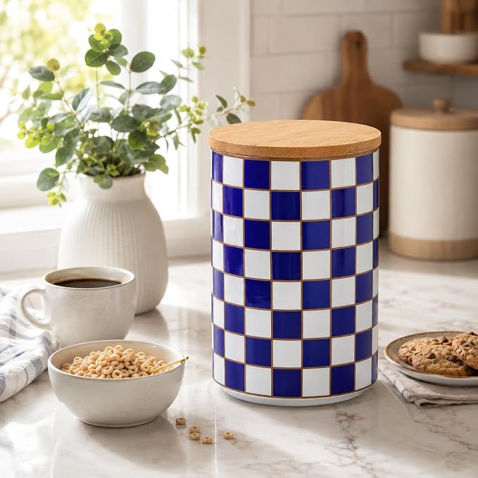 Kitchen Countertop Ceramic Checkered Canisters,Black And White Food Storage Containers With Lid,Airtight Kitchen Canisters for Flour, Sugar, Coffee, Tea, and Dry Goods (Blue, XL)