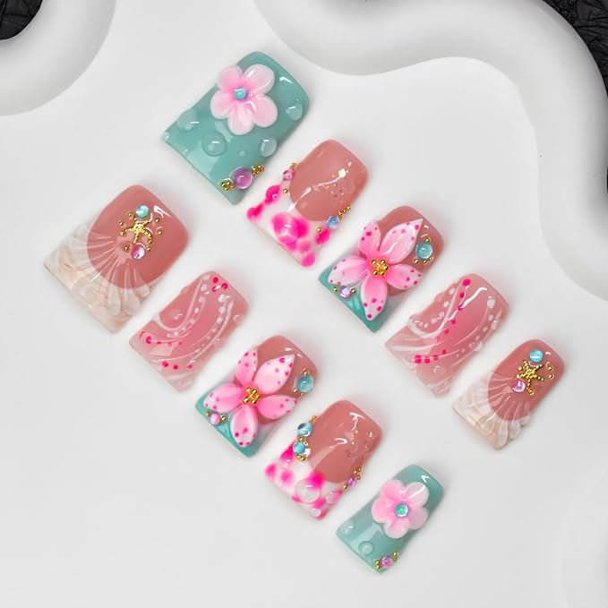 10 Pcs Handmade Press on Nails Duckbill Shape 3D Luxury Flower Acrylic Nails Summer Handmade Starfish Water Droplet Designs Short Fake Nails Thickened False Nail for Women (M)