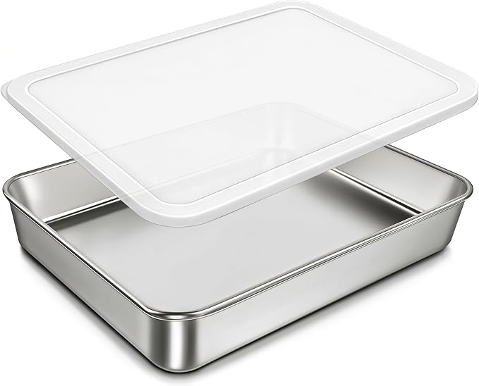 304 Stainless Steel Baking Pan with Lid, 12⅓ x 9¾ x 2 Inch Rectangle Sheet Cake Pans with Covers, Commercial Grade Bakeware for Cakes Brownies Casseroles, Non-toxic & Heavy Duty & Dishwasher Safe