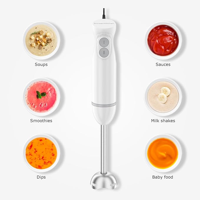 Bonsenkitchen Hand Blender,2-In-1 Emulsion Handheld with 2 Mixing Speeds | 24oz Beaker, Immersion Blender,Ergonomic Handle Stick Mixer for Baby Food,Smoothies, Soups & Sauces
