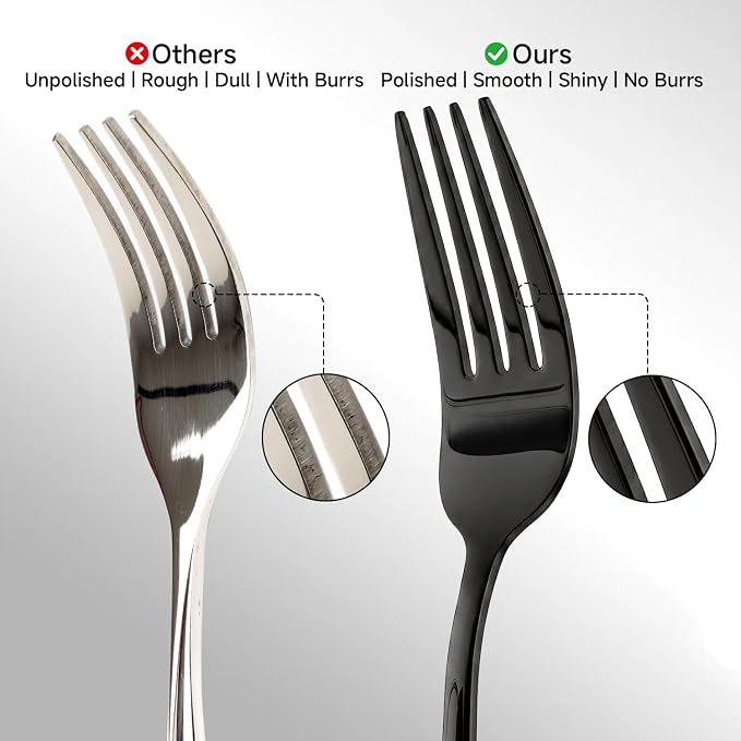 18/10 Stainless Steel Black Silverware Set for 8 | 40 Piece Heavy Duty Flatware Utensils Set | Mirror Polished | Dishwasher Safe | Premium Cutlery for Home Kitchen Wedding