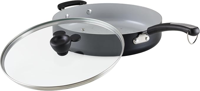 Farberware Disney Monochrome Ceramic Cookware Nonstick Saute Pan with Lid and Helper Handle, Dishwasher Safe, 4.5 Quart - Black