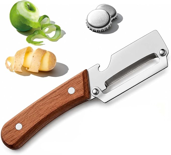 Multi-Functional Vegetable Peeler for Kitchen, Ultra-Sharp Stainless Steel Blade with Wooden Handle and Bottle Opener,2-in-1 Stainless Steel Kitchen Tool for Fruit Apple Potato Pumpkin Papaya