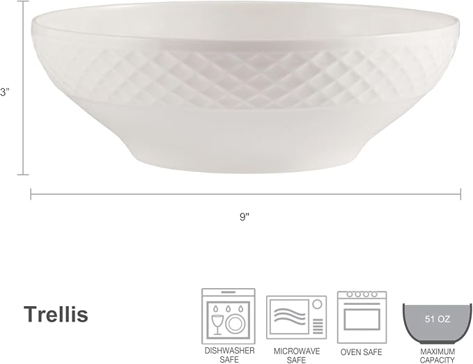 Mikasa Trellis White Bone China Lightweight Chip Resistant Vegetable Serving Bowl, White