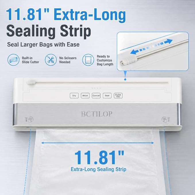 Vacuum Sealer Machine, 75KPa Automatic Food Sealer | with External Vacuum System, 7-in-1 Dry/Moist Modes, Compact Lightweight Design, Built-in Cutter + 10 Bags