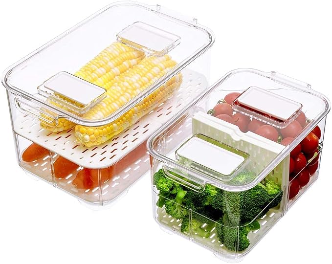 SANNO Vegetable Fruit Containers Fridge Food Storage Produce Saver Container Stackable Refrigerator Freezer Organizer Fresh Keeper Drawers Organizer set of 2