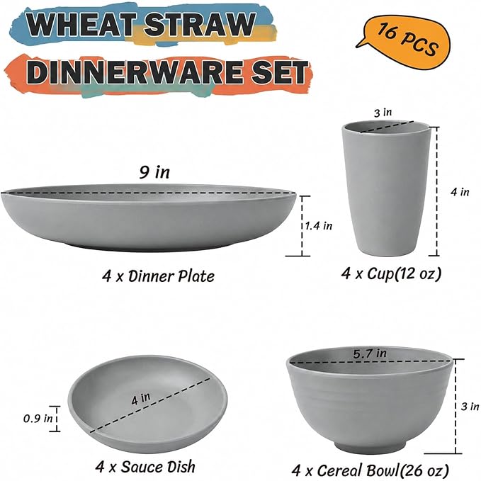 Kids Wheat Straw Dinnerware Sets for 4, 16 Piece Unbreakable Dinnerware Set, Kids Plates and Bowls Sets, Kitchen Plates and Bowls Set, Lightweight Dish Set for Party, Camping，RV - Grey