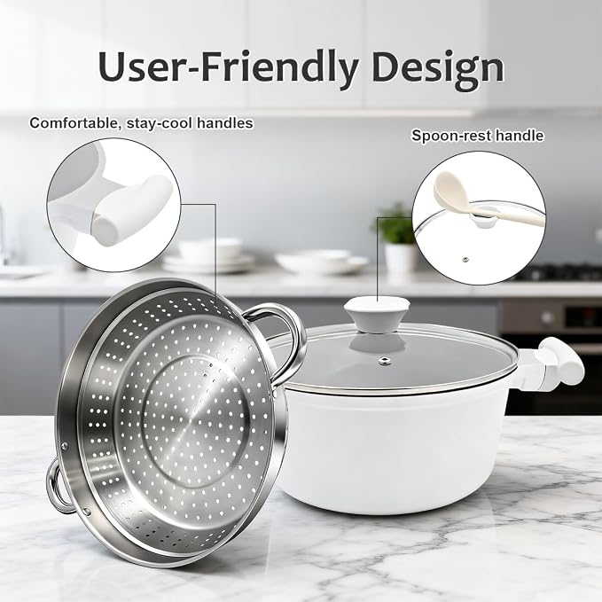 AIKENBBKK 7-Quart Steamer Pot for Cooking, Ceramic Nonstick Stock Pot with Lid, Pasta Pot for All Stoves Including Induction, Lightweight & Durable, Stay-Cool Handle, White