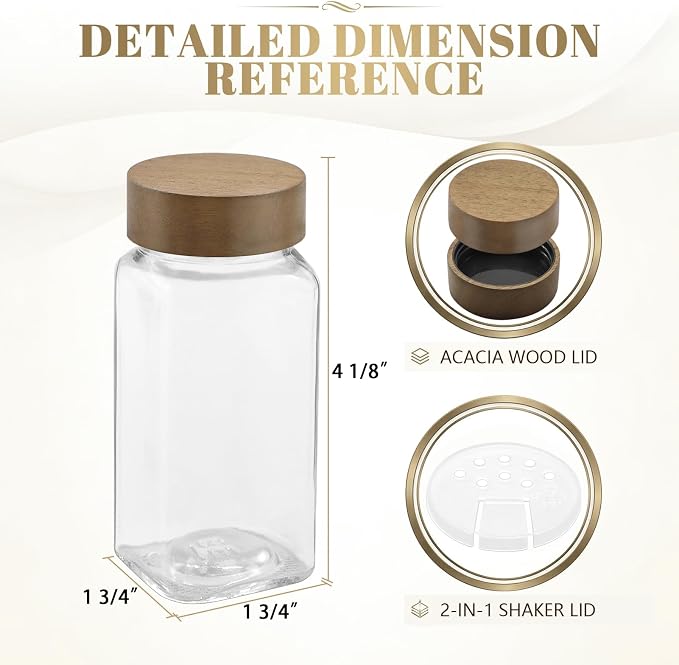 ZEHIQ 48Pcs 4oz Square Glass Spice Jars with Labels and Acacia Wood Lids | Food-Grade Seasoning Containers, Moisture-Proof, Shaker Lids, 348 Labels, Markers, Funnel, Brush, for Cabinet Drawer