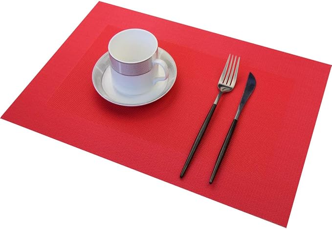 PIGCHCY Placemats Vinyl Washable Table Mats Elegant Non-Slip Placemats for Dinner Table Set of 4 (Red)