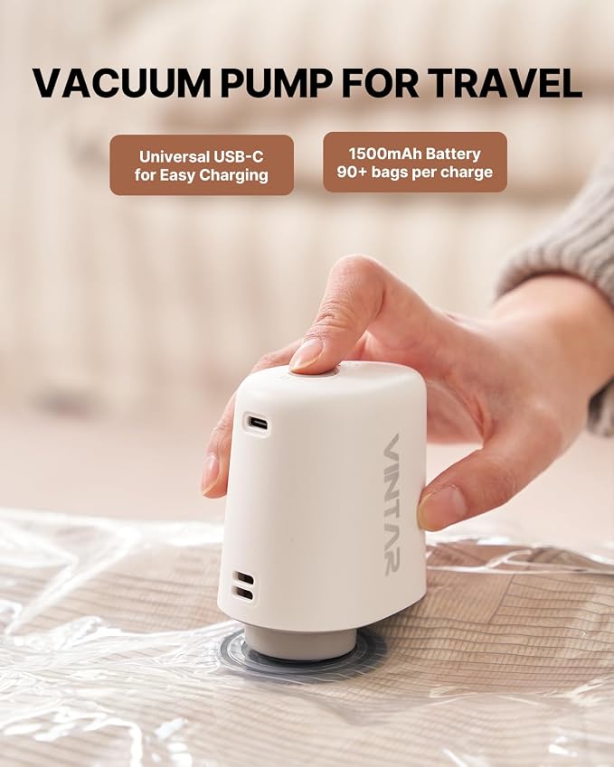 VINTAR Mini Cordless Electric Travel Vacuum Pump for Vacuum Storage Bags | Portable Vacuum Sealer for Travel, USB Rechargeable Air Pump, 4.5kPa Suction, Space Savered, For Compression Clothing Luggage