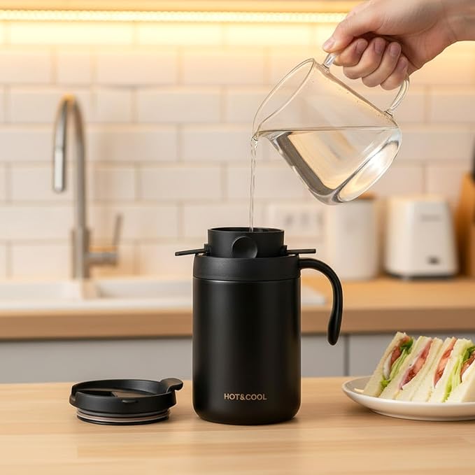 Portable 16oz Pour Over Coffee Maker Set with Spoon and Brush | Insulated Camping Coffee Maker with Foldable Filter & Stirrer & Cleaning Brush for Travel Camping Offices Backpacking