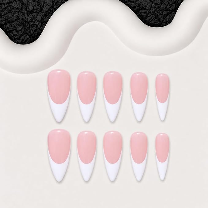 Handmade White French Tip Press on Nails Long Stiletto Acrylic Press on Nails Nude Fake Nails Press on Nails Solid Color Hand Made Thick Stick on Nails for Women 10pcs (M)