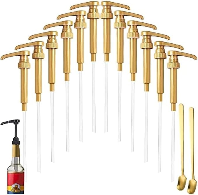 12 Pcs Gold Coffee Syrup Pump Compatible with 25.4Oz/750ml Bottles | Syrup Dispenser Pumps, Great for Home & Coffee Bar, Drinking Mixes, Tea, Beverage, Cocktails, Syrup Bottles, Plus Spoons