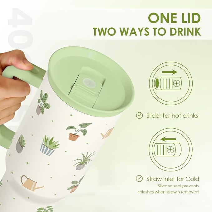 SANDJEST Plant Lover 40oz Tumbler with Handle and Straw, Insulated Stainless Steel Travel Coffee Mug for Women Girls, Gift Idea for Birthday Christmas Mothers Day