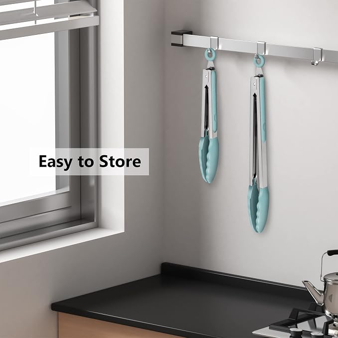 2 Pack Silicone Kitchen Tongs, 9 & 12 Inch, Stainless Steel, Aqua Sky