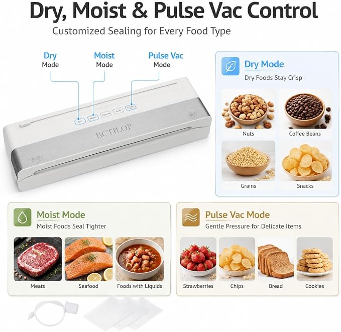 Vacuum Sealer Machine, 75KPa Automatic Food Sealer | with External Vacuum System, 7-in-1 Dry/Moist Modes, Compact Lightweight Design, Built-in Cutter + 10 Bags