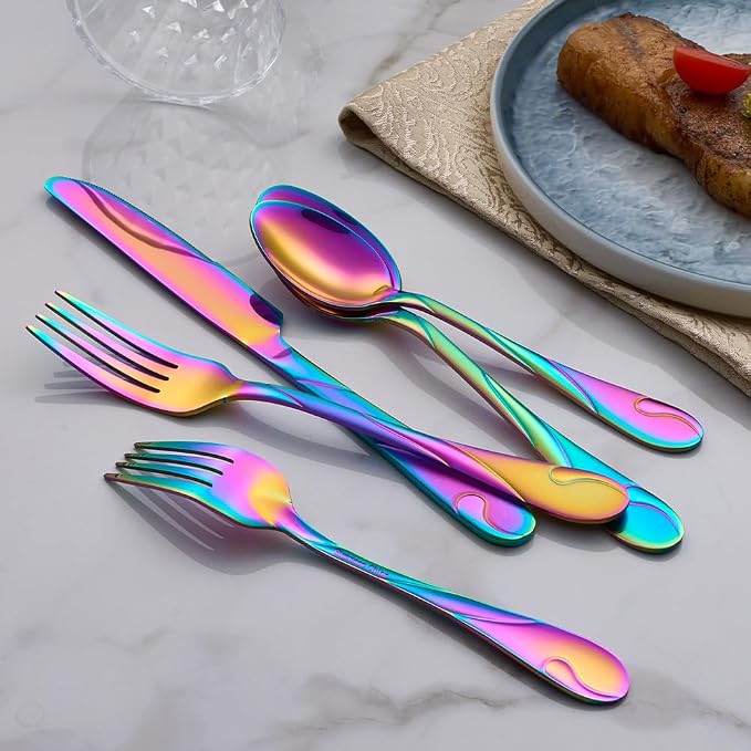 Rainbow Silverware Set for 8, 40-Piece Stainless Steel Flatware Set, Shiny Rainbow Metal Cutlery Set, Include Fork, Knife and Spoon Set, Dishwasher Safe