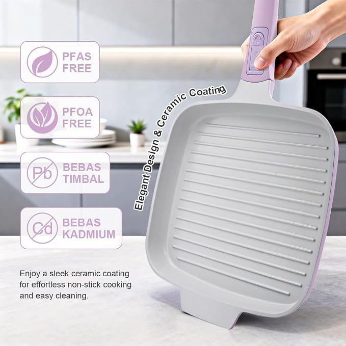 RANX INGST Nonstick Ceramic Griddle Pan with Lid, 10 Inch Steak Pan- Purple | Detachable Handle Induction Compatible