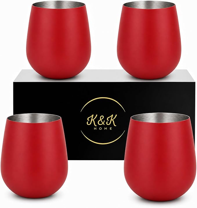 K&K Home Stainless Steel Unbreakable Stemless Wine Glasses - 15 oz - Set of 4 Colored, Stemless Metal Wine Glasses Perfect for Outdoors, Weddings, and Parties (Red)