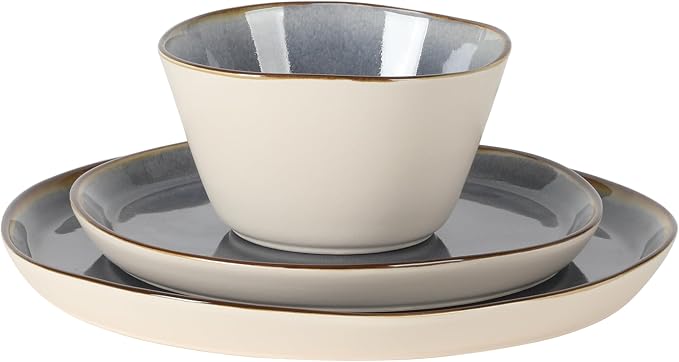 Gibson Elite Algeria River Plates and Bowls Sets, 12-Piece Stoneware Dinnerware Sets, Reactive Glaze Dish Set - Blue