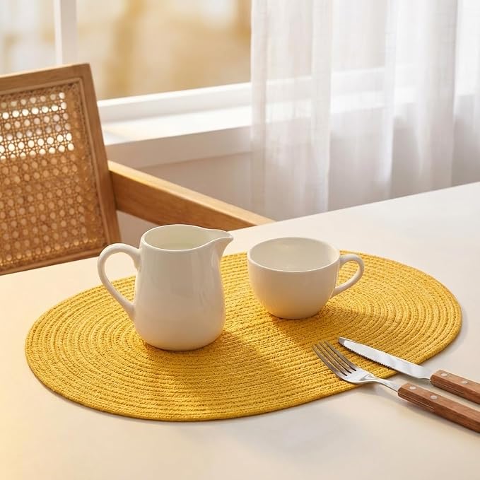 Placemats Set of 6, Woven Oval Braided Dining Table Mats(Mustard Yellow) | 12 x 17.5 Inch Size Fits Plates and Flatware; Hand Washable and Heat Resistant for Kitchen Use, with Farmhouse and Boho Style